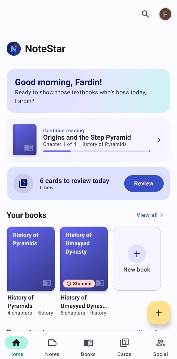 NoteStar home screen: continue reading, six cards to review today, and your study books